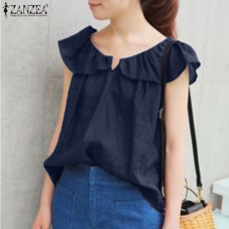 Áo tanktop ZANZEA không tay nhún bèo cổ chữ V phong cách Hàn Quốc cho nữ