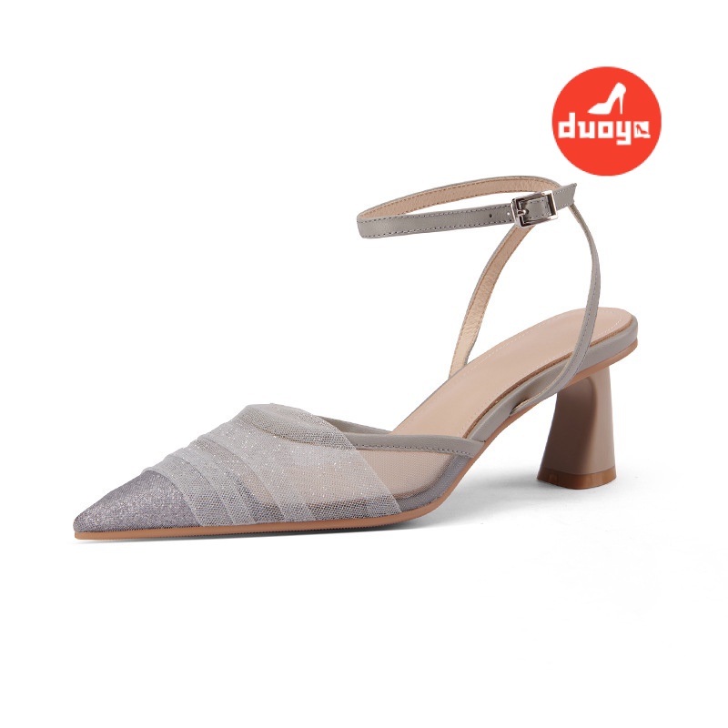 Giày Sandal Cao Gót Mũi Nhọn Phối Lưới Phong Cách Mới Mùa Hè Cho Nữ