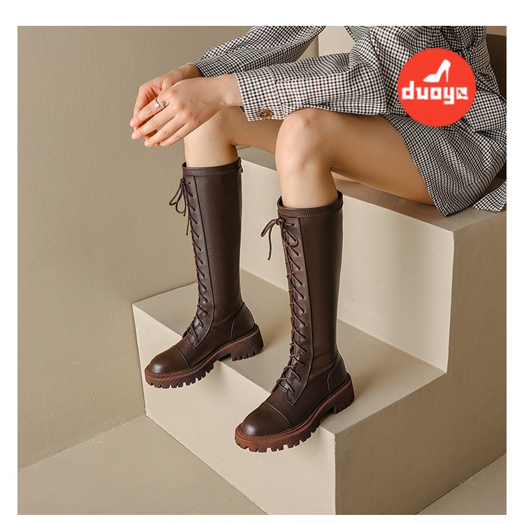 Duoya Tóc Thẳng ~ [Phong Cách] Giày Bốt Vớ Anh Quốc Mũi Tròn Gót Dày Có Khóa Kéo Bên Miễn Phí Vận Chuyển
