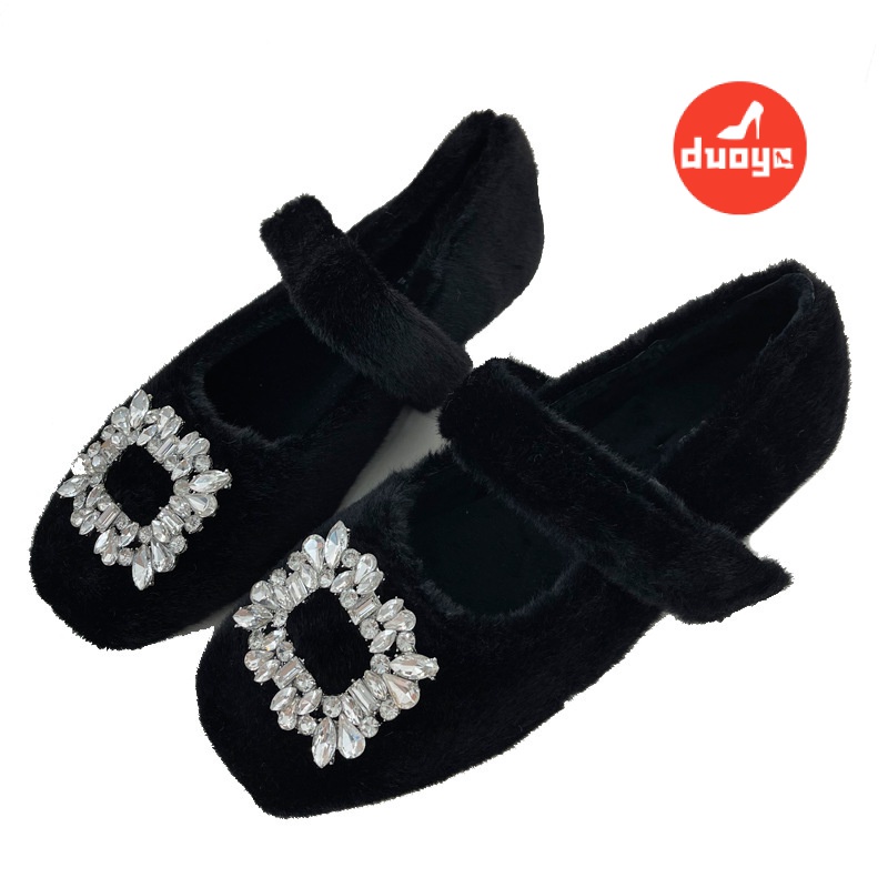 Duoya Tóc Thẳng ~ [Hàng Có Sẵn] Giày Búp Bê Mary Jane Mũi Vuông Đính Đá Lông Cừu Trắng Đế Dày Chất Lượng Cao Cho Nữ Mặc Ngoài Trời Mùa Đông Miễn Phí Vận Chuyển