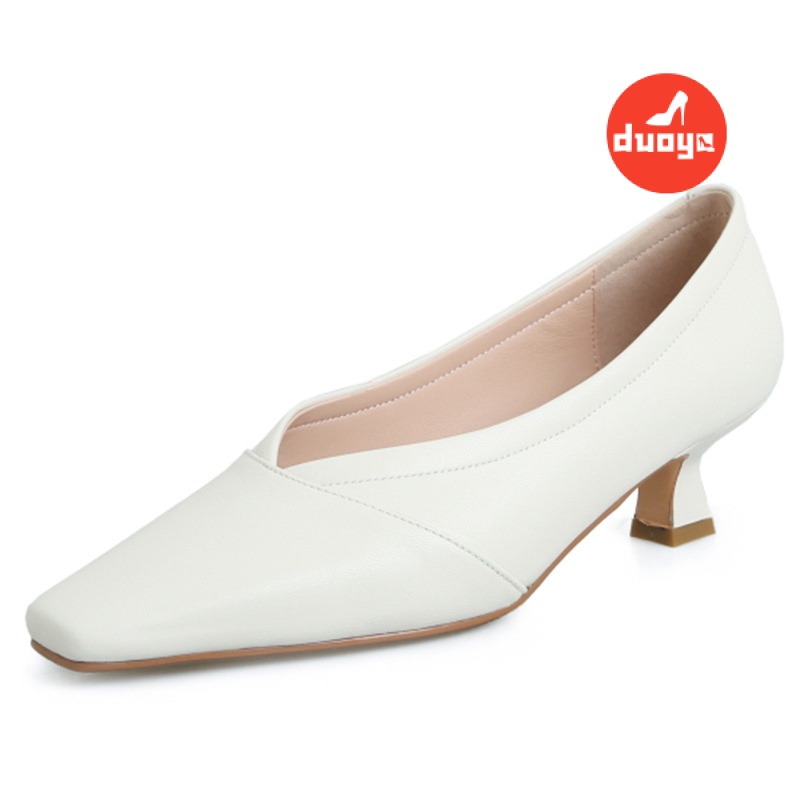 Duoya Tóc Thẳng ~ [Hàng Có Sẵn] Giày Cao Gót Mũi Vuông Nhỏ Bằng Da Thật Mềm Mại Dễ Phối Đồ Cho Nữ