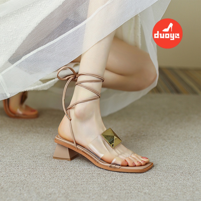 Duoya Tóc Thẳng ~ [Hàng Có Sẵn] Giày Sandal Đế Phẳng Thắt Dây Đính Đinh Tán Kim Sa Dành Cho Nữ Miễn Phí Vận Chuyển