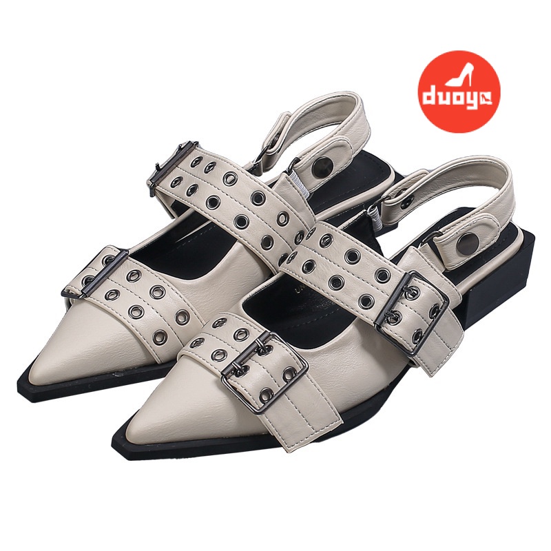 Duoya Tóc Thẳng ~ [Hàng Có Sẵn] Giày Búp Bê Mũi Nhọn Gót Thấp Miệng Nông Cảm Giác Ánh Kim Phong Cách Punk Đường Phố Cho Nữ