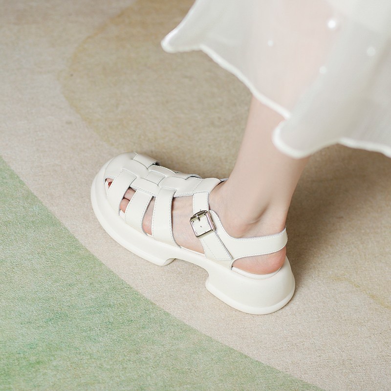 Duoya Tóc Thẳng ~ [Hàng Có Sẵn] Giày Sandal Đế Dày Mềm Mại Bằng Da Mềm Đế Thô Tăng Chiều Cao Thời Trang Cho Nữ Size Nhỏ Miễn Phí Vận Chuyển