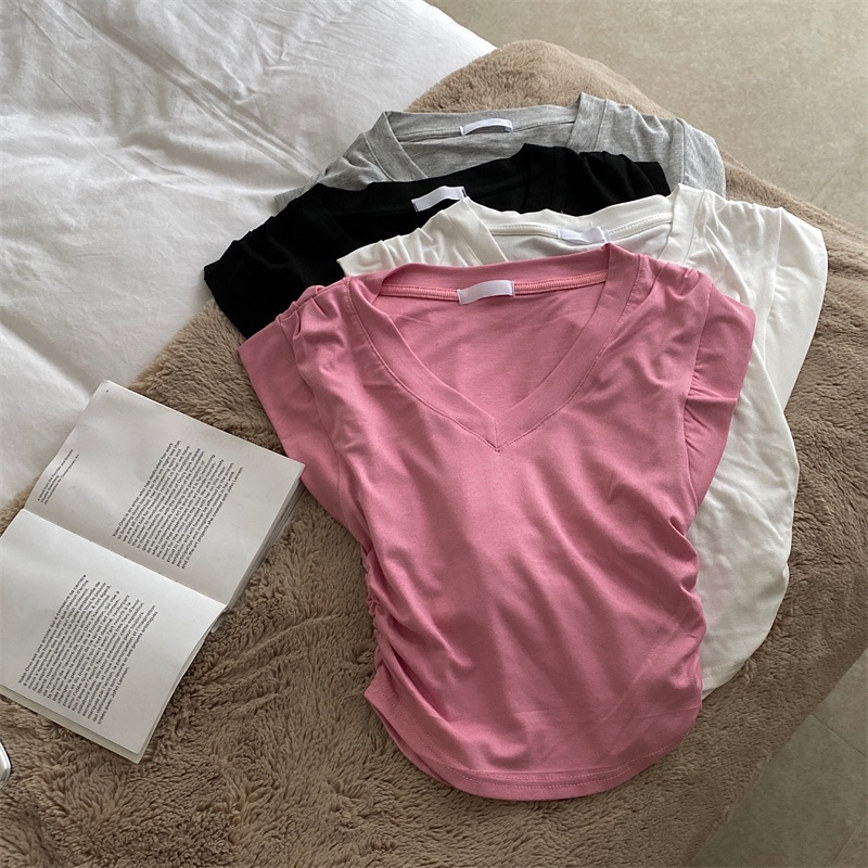 Áo Thun Tay Lửng Cổ Chữ V Dáng Ôm Thời Trang Mùa Hè Giản Dị
