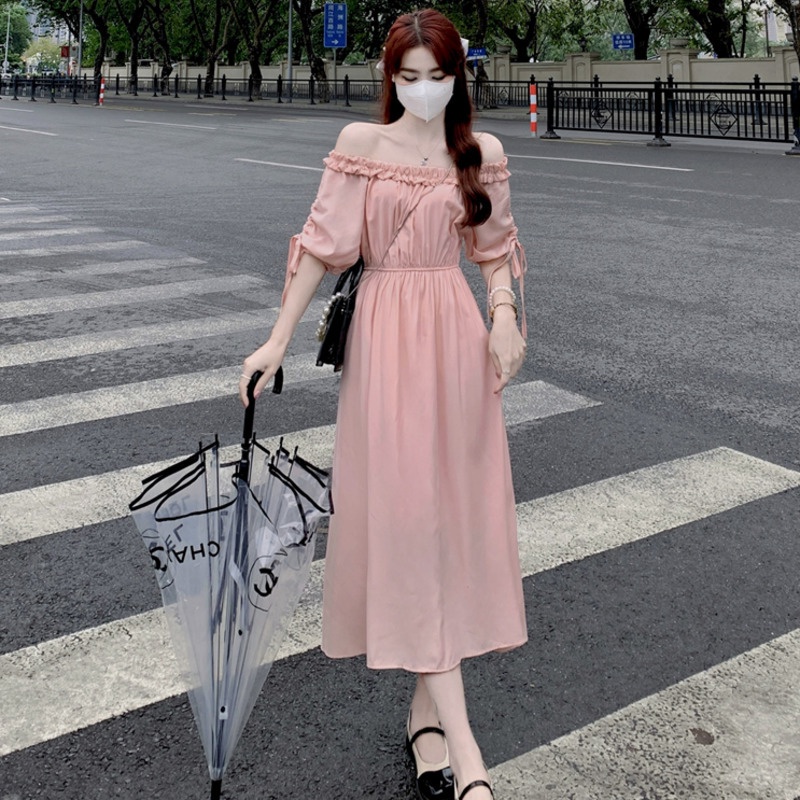 Đầm MIDI Mùa Hè Ôm Eo Một Bên Vai Diềm Xếp Nếp Tay Lửng Cho Nữ