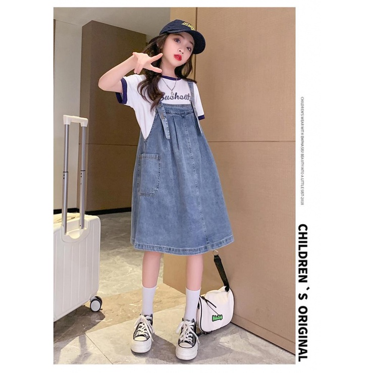 Set Áo Thun Cotton + Váy Yếm Denim Thời Trang Hè 2023 Cho Bé Gái 5-6 - 7-8 - 9-10 - 12-13 - 14-15 Tuổi