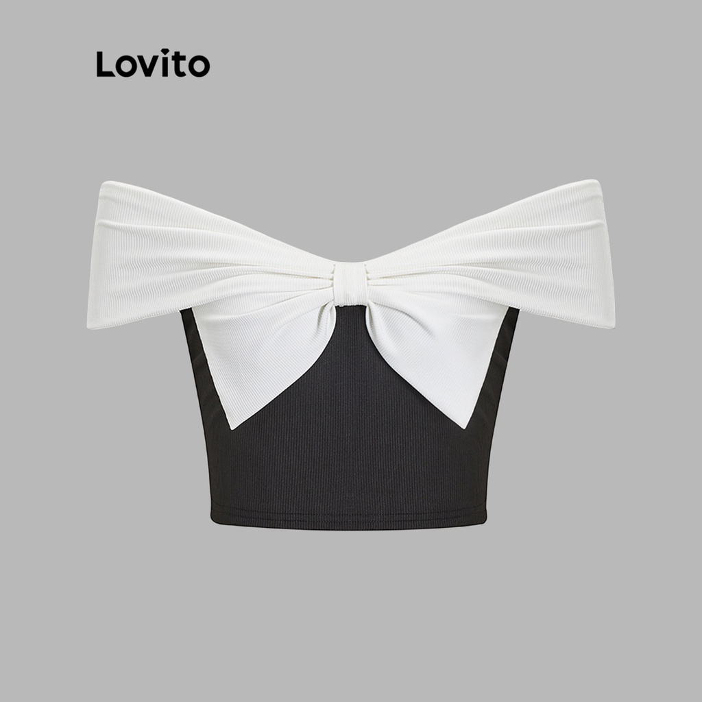Áo không tay Lovito ghép nối màu sắc phối nơ màu trơn dễ thương cho nữ L51ED068 (Màu trắng và đen)