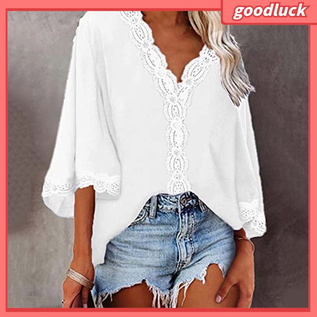 Áo Sơ Mi Tay Loe 3 / 4 Cổ Chữ V Màu Sắc Thời Trang Dành Cho Nữ