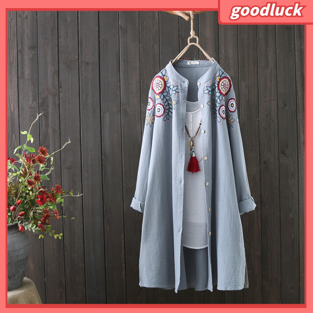 [ULK] Áo Sơ Mi Dài Tay Cổ Đứng Xẻ Một Bên Hông Thêu Họa Tiết Phong Cách Trung Hoa Đường Phố Cho Nữ