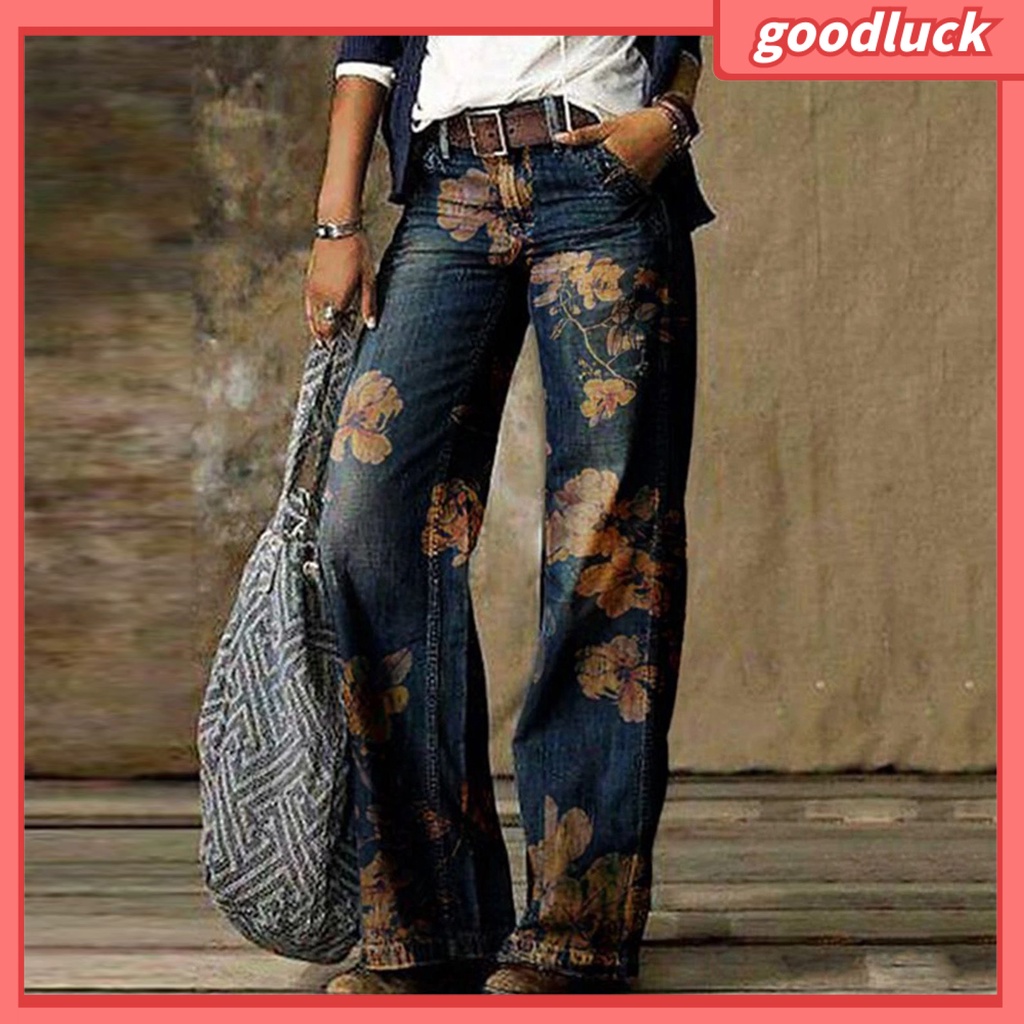 Quần Jean Dài Ống Rộng Lưng Cao In Họa Tiết Hoa Phong Cách Cổ Điển Thời Trang Cho Nữ