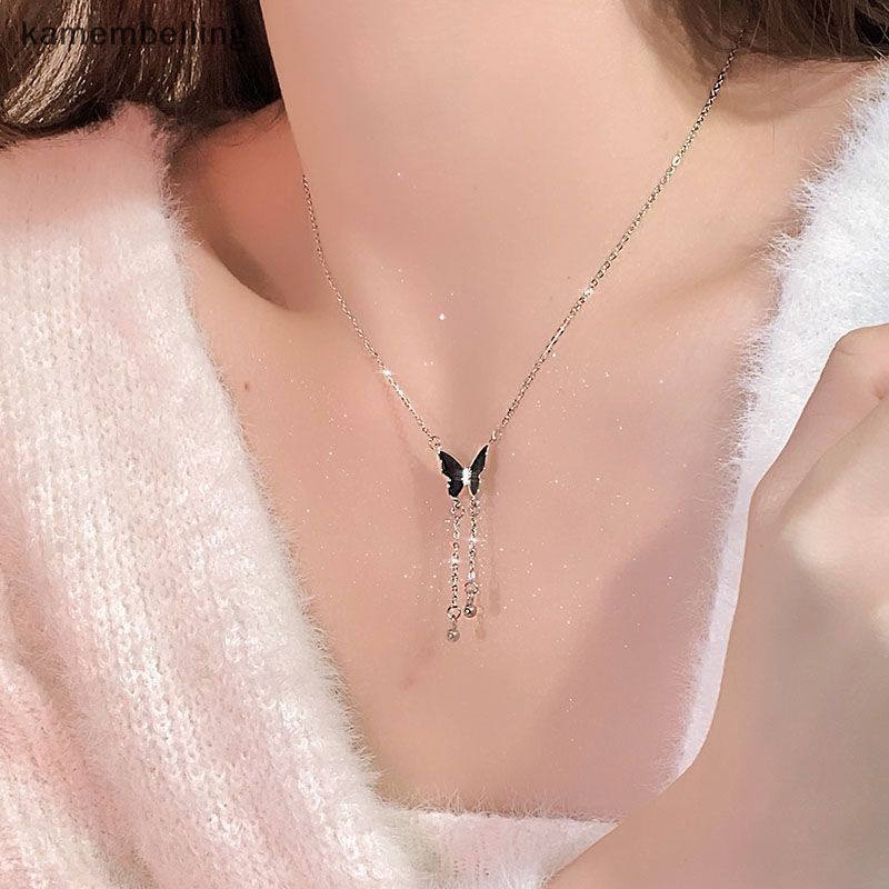 Vòng cổ Nhiều Lớp Mặt Hình Bướm Màu Đen Phong Cách Retro Thời Trang Cho Nữ