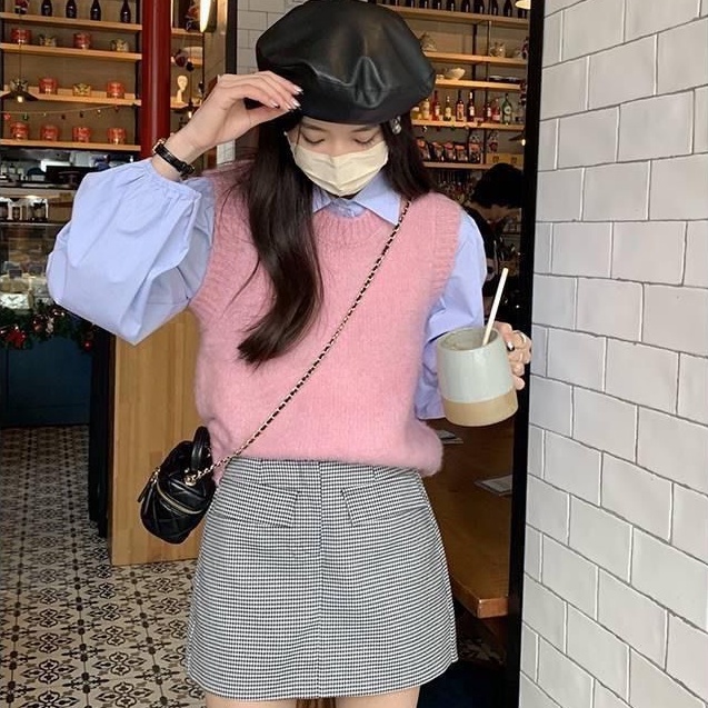 Áo Dệt Kim Sát Nách Cổ Tròn Màu Hồng Dễ Thương Cho Nữ