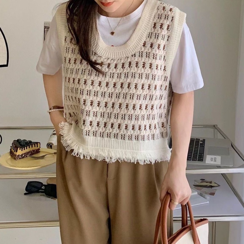 Áo Len Không Tay Họa Tiết Kẻ Sọc Thiết Kế Mới Thời Trang Mùa Thu Dành Cho Nữ