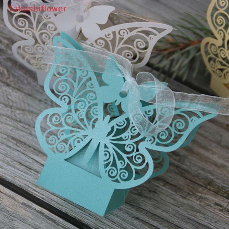 Set 10 Hộp Đựng Kẹo Cưới Thiết Kế Rỗng Họa Tiết Bươm Bướm Kèm Dây Ruy Băng Xinh Xắn