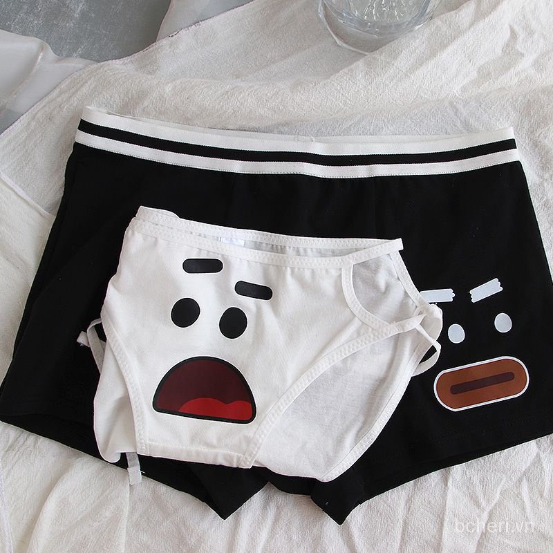 Quần Lót Cotton Màu Trắng Đen In Hình Gấu Hoạt Hình Dễ Thương Cho Cặp Đôi