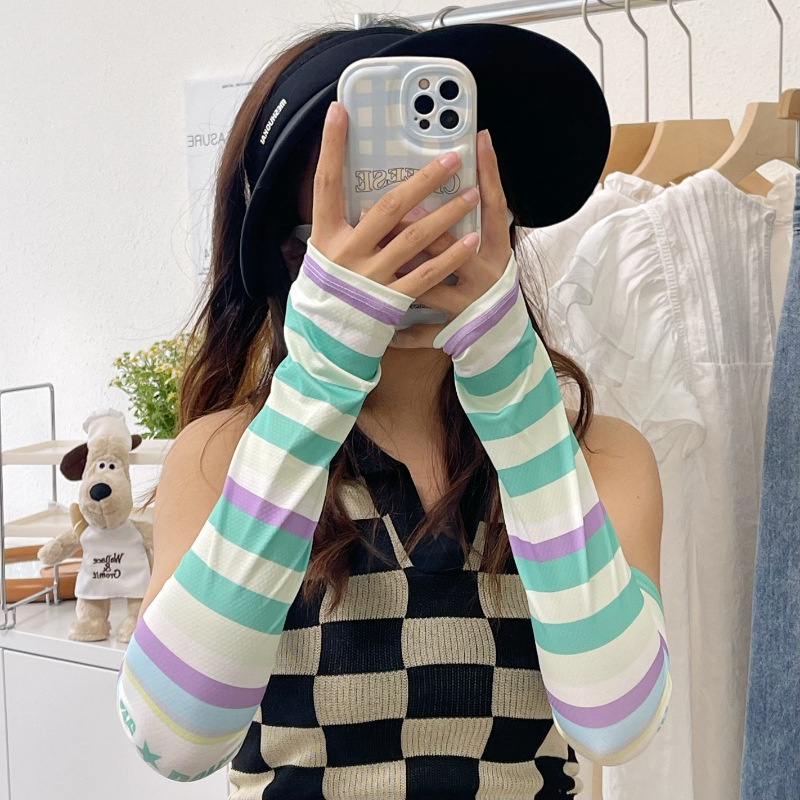 Găng Tay Chống Nắng Bằng Lụa Lạnh Mỏng Dáng Rộng Họa Tiết Kẻ Sọc Chống Tia Cực Tím Thời Trang Mùa Hè Cho