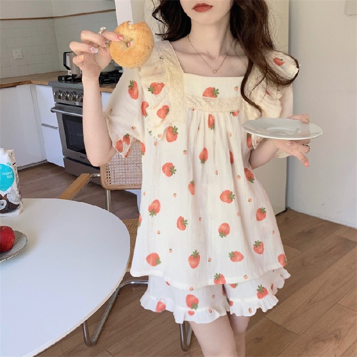 Bộ Đồ Ngủ Tay Ngắn Dáng Rộng Cổ Búp Bê In Hoa Nhỏ Dễ Thương Thời Trang Mùa Hè Cho Nữ