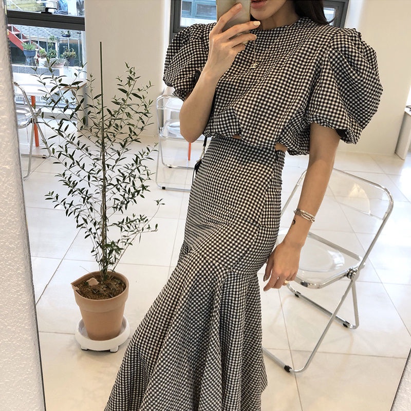 Bộ Áo Sơ Mi Tay Phồng Kẻ Sọc + Chân Váy Đuôi Cá Eo Cao Thời Trang Mùa Hè Hàn Quốc Cho Nữ