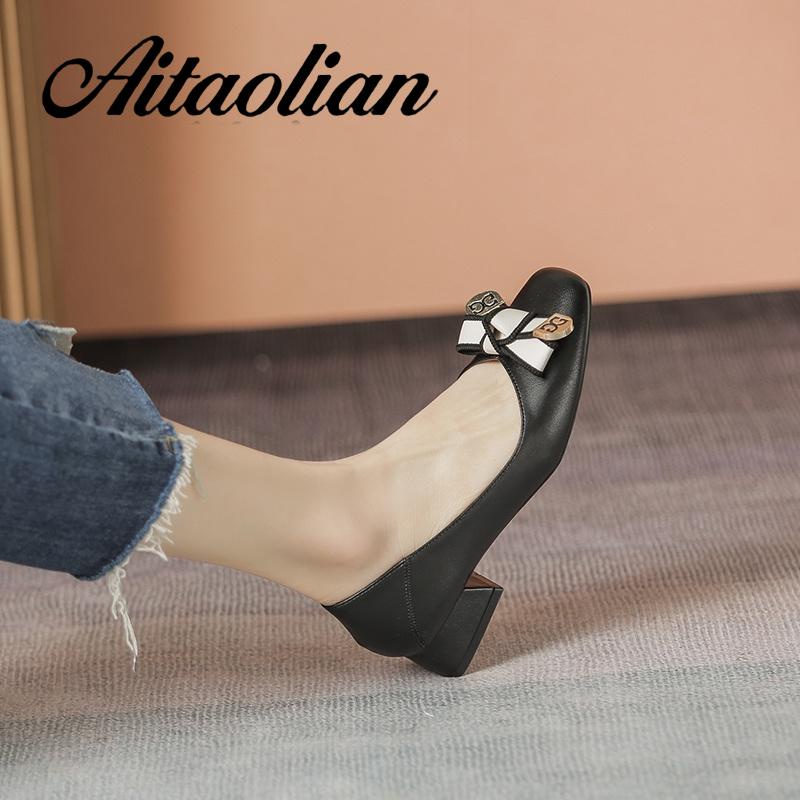 Giày Cao Gót 3cm Da Mềm Mũi Vuông Thắt Nơ Phong Cách retro Anh Quốc Thời Trang