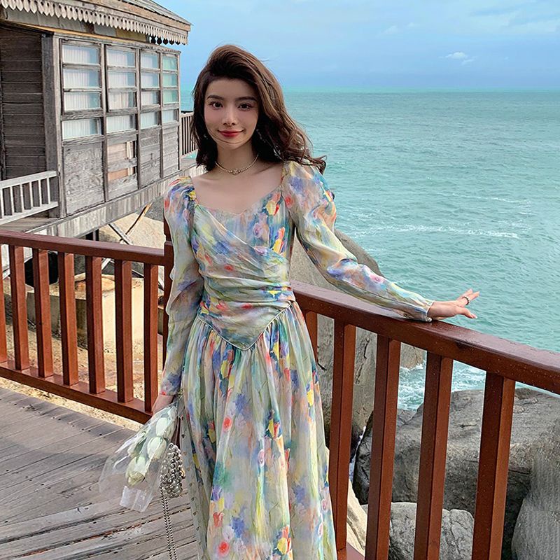 Đầm Công Chúa Dáng Dài Xếp Ly Eo Hẹp In Họa Tiết Tranh Sơn Dầu Thời Trang Xuân 2023 Cao Cấp