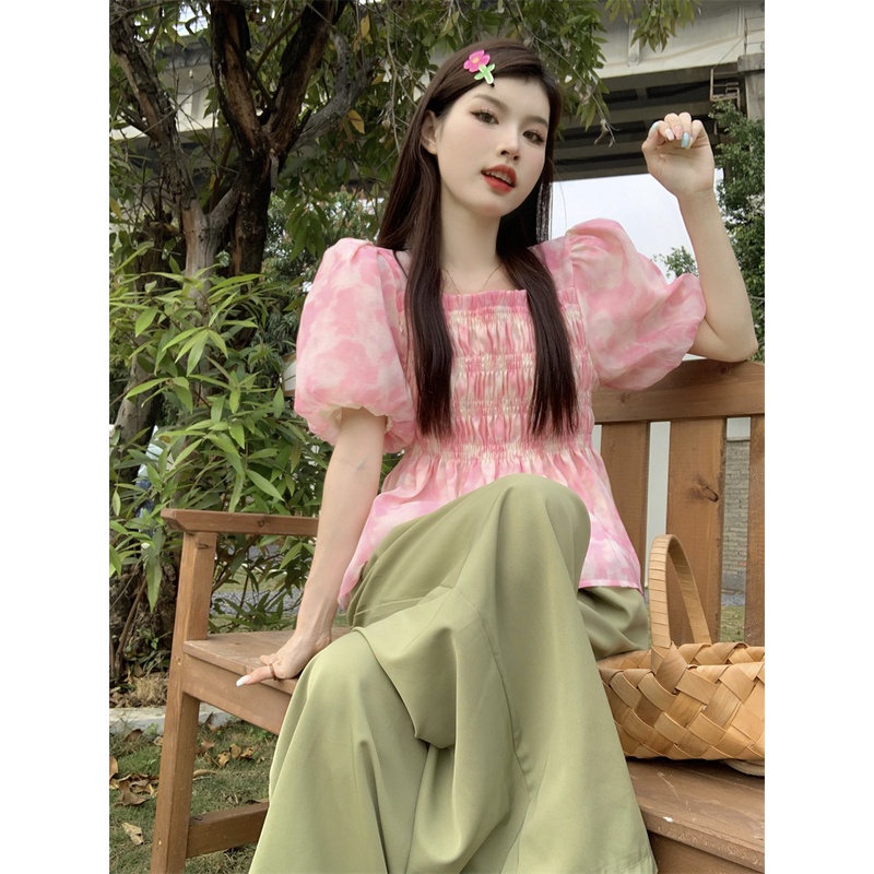 Áo Kiểu Tay Ngắn Cổ Vuông In Họa Tiết Hoa Thời Trang Mùa Hè Xinh Xắn Cho Nữ