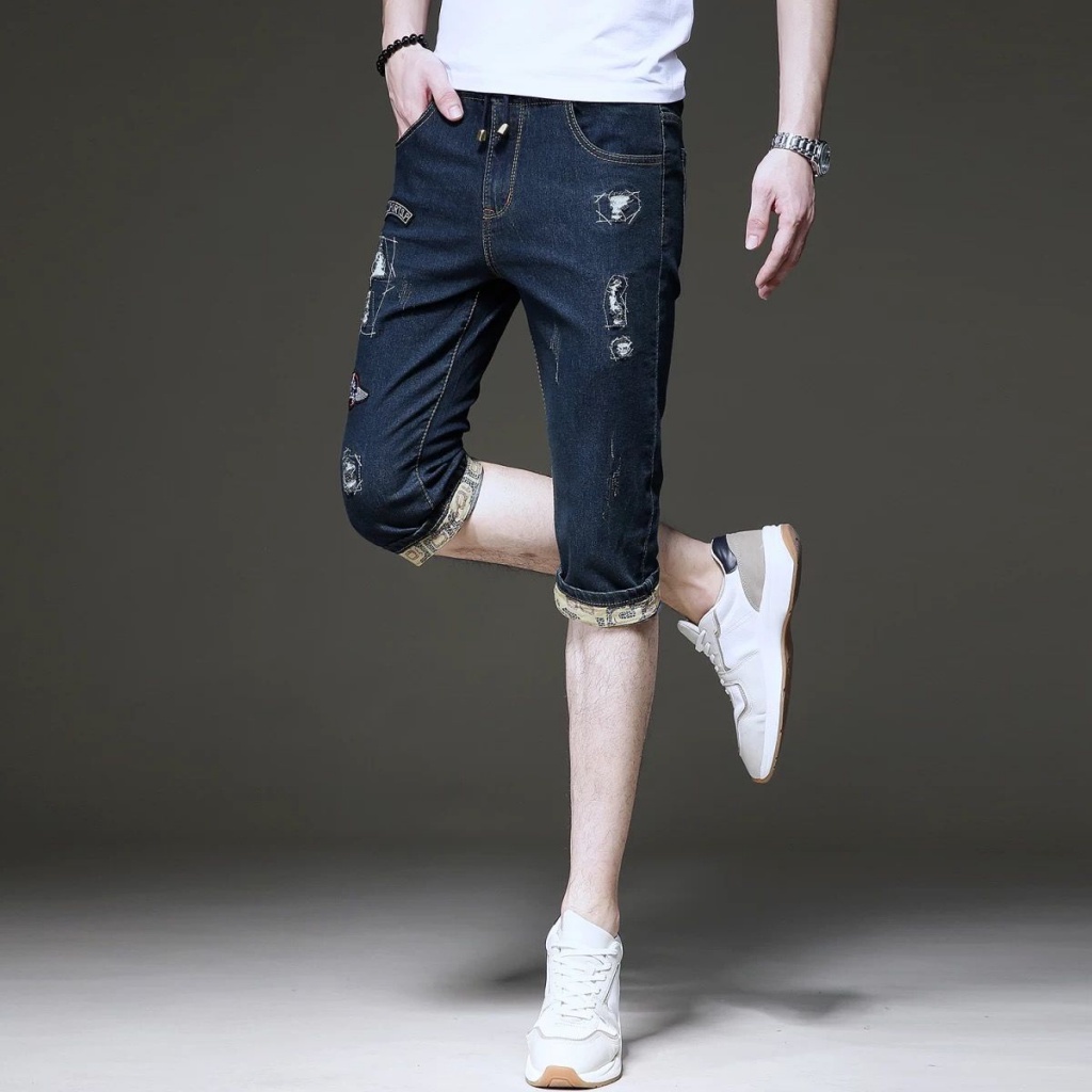 Quần Short Denim Mỏng 7 Tấc Phối Rách Kiểu Retro Đường Phố Hàn Quốc Thời Trang Mùa Hè 4 Hfc