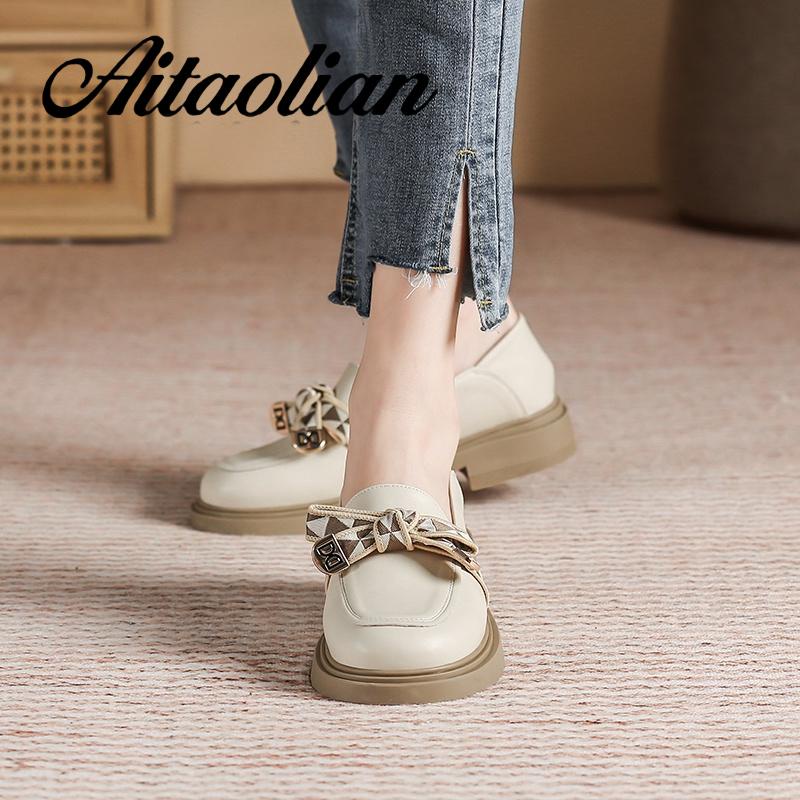 Giày Lười Da Đế Bằng 3cm Đính Nơ Phong Cách Anh Quốc Thời Trang