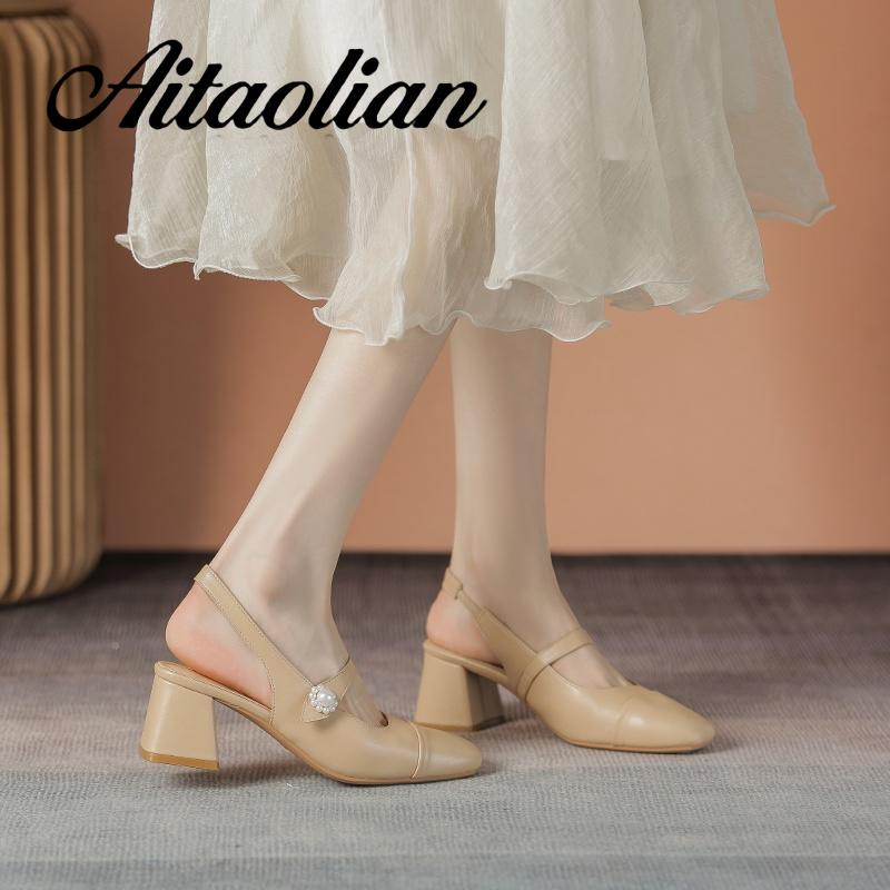 Xăng đan Da Mềm Cao Gót 5cm Màu Trơn Thời Trang Cho Nữ