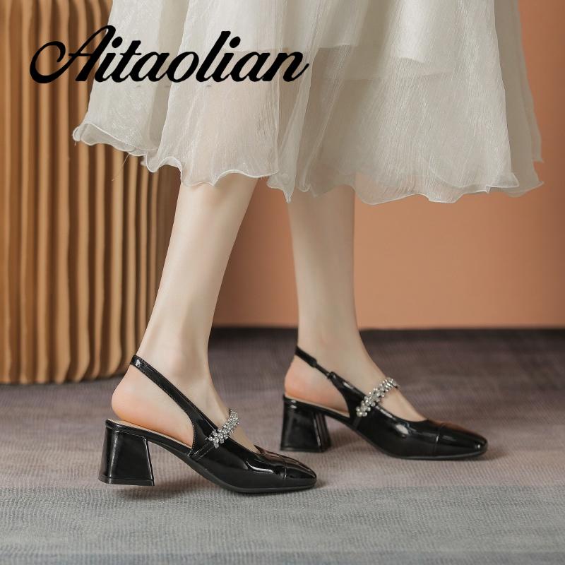 Xăng đan Cao Gót 5cm Bằng Da Bóng Mũi Tròn Đế Mềm Màu Trơn Cho Nữ mary jane