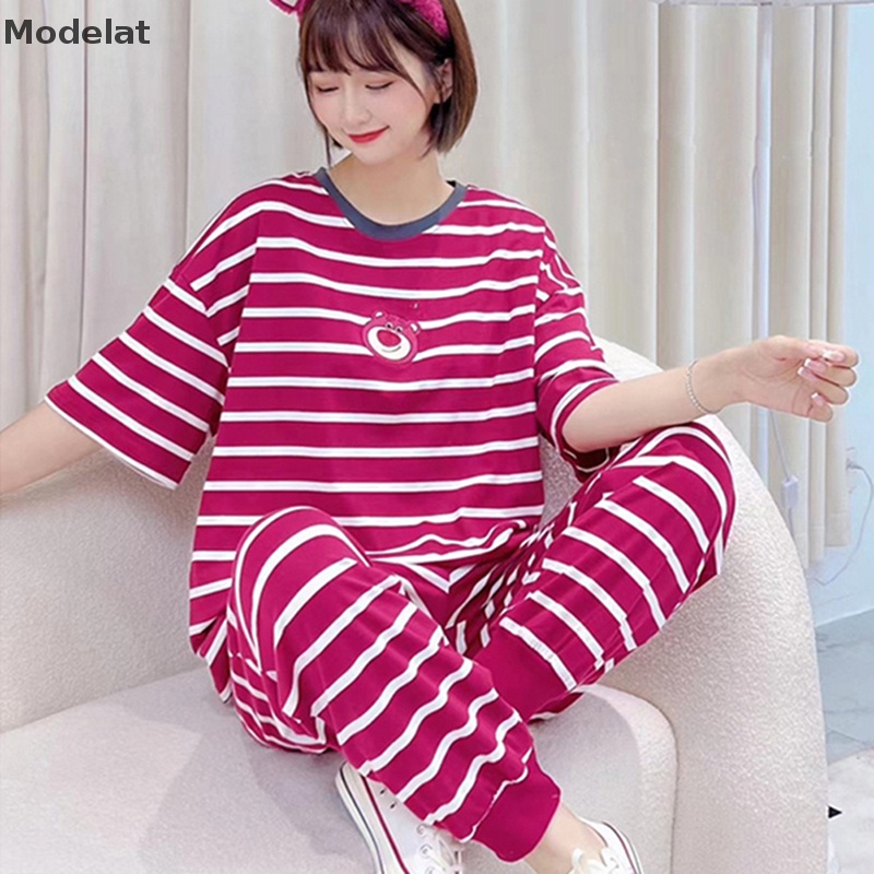 Bộ Đồ Ngủ Pijama Tay Ngắn In Họa Tiết Kẻ Sọc Dễ Thương Thời Trang Mùa Hè Cho Nữ