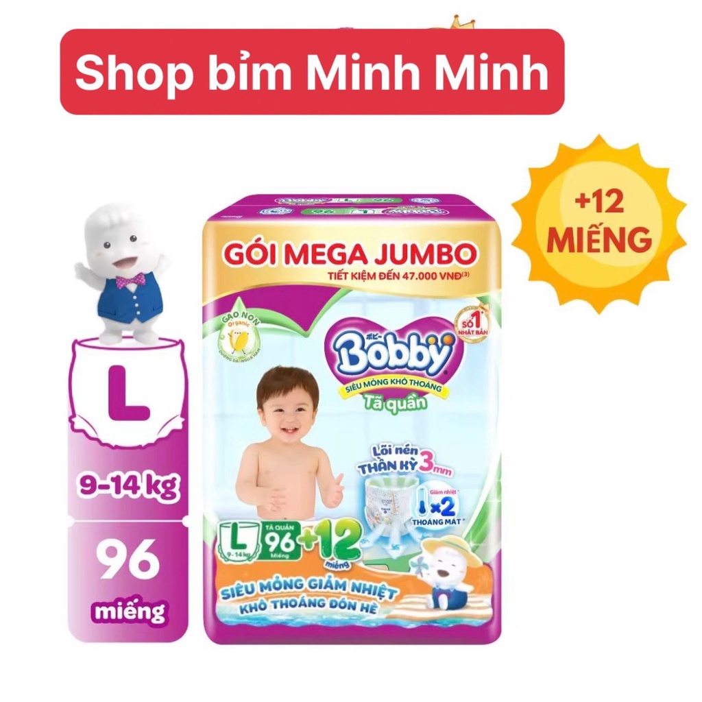 Tã bỉm quần Bobby gói Mega Jumbo M120/L104/L96/XL92/XL96/XXL84