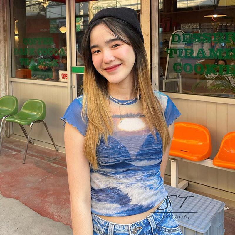 Áo Thun Croptop Tay Ngắn Dáng Ôm In Họa Tiết Thời Trang Mùa Hè Cho Nữ M5