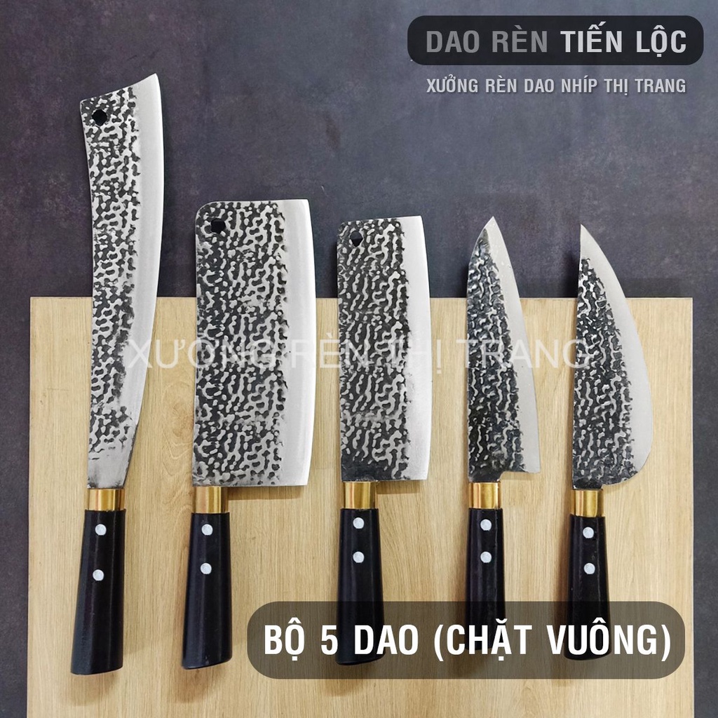 Bộ Dao Nhà Bếp Đa Năng - Rèn Từ Thép Nhíp Dập Vân 2 Mặt, Dùng Chặt Cây, Chặt Xương, Thái Lọc Thịt