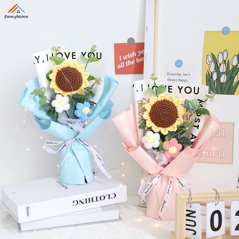 Bó Hoa Nhân Tạo Đan Len Thủ Công Có Đèn LED Dùng Làm Quà Tặng Lễ Hội