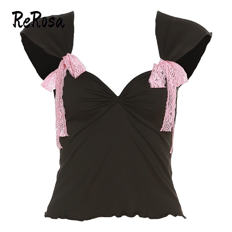 Rerosa Áo Thun Croptop Cổ Vuông Phối Màu Tương Phản Thời Trang Cho Nữ 2023