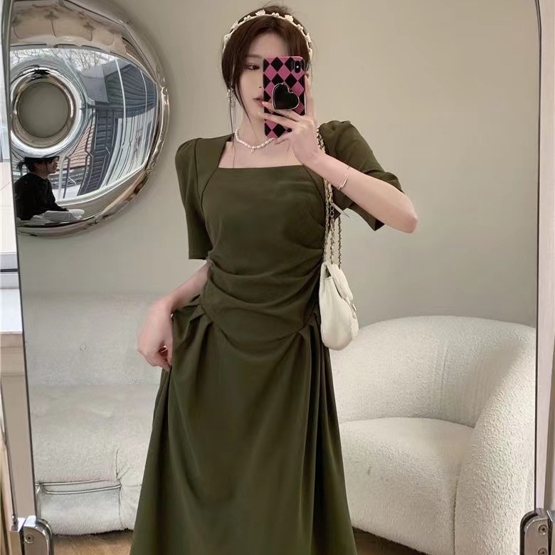 Đầm Tay Ngắn Cổ Vuông Màu Sắc Đơn Giản Phong Cách Pháp Thời Trang Mùa Hè Xinh Xắn Cho Nữ