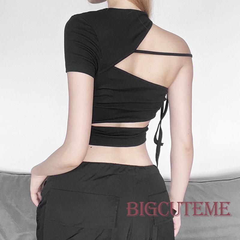 [] Áo Croptop Lệch Vai Màu Đen Thời Trang Mùa Hè Cho Nữ