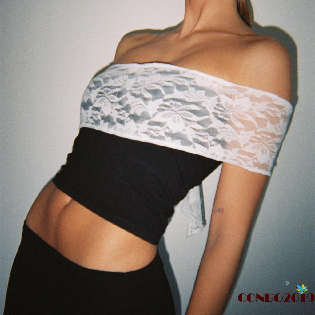 Áo Croptop Trễ Vai Phối Ren Co Giãn Phong Cách Đường Phố Thời Trang Mùa Hè Cho Nữ