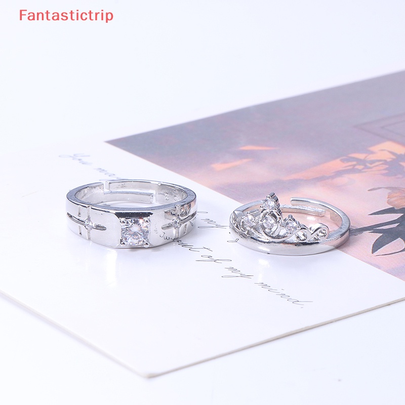[Fantastictrip] Set 2 Nhẫn Đính Hôn / Nhẫn Đính Đá Pha Lê Hình Vương Miện Có Thể Điều Chỉnh Kích Thước Làm Quà Tặng Ngày