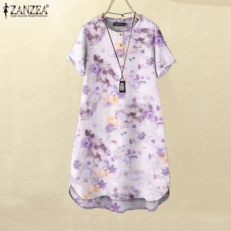 Zanzea Đầm Mini Ngắn Tay Cổ Tròn Form Rộng In Họa Tiết Thời Trang Cho Nữ