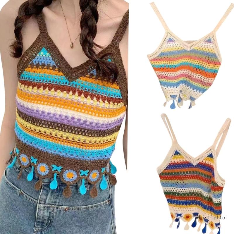 Whi Áo Crop Top Hai Dây Dệt Kim Họa Tiết Sọc Cầu Vồng Khoét Rỗng Ves Mùa Hè Cho Nữ