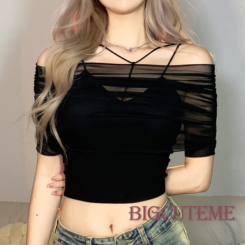 Set Áo Sát Nách Cổ Chữ V Màu Trơn + Áo Lưới Xuyên Thấu Thời Trang Nữ