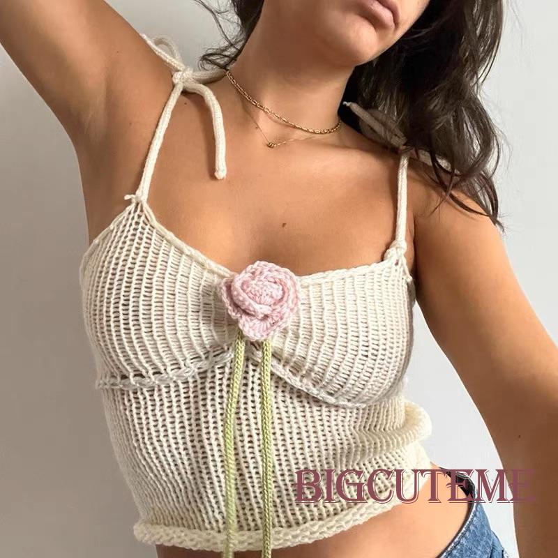 Áo Croptop Dệt Kim Không Tay Màu Be Trang Trí Hoa Hồng Thời Trang Mùa Hè Cho Nữ