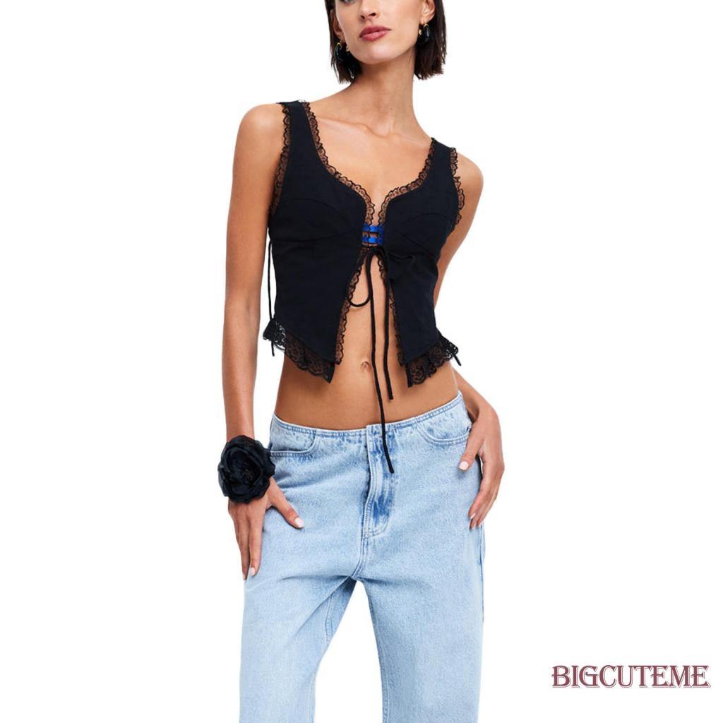 [] - Áo Crop Top Không Tay Ôm Dáng Màu Trơn Cột Dây Phía Trước Phối Ren Gợi Cảm Cho Nữ
