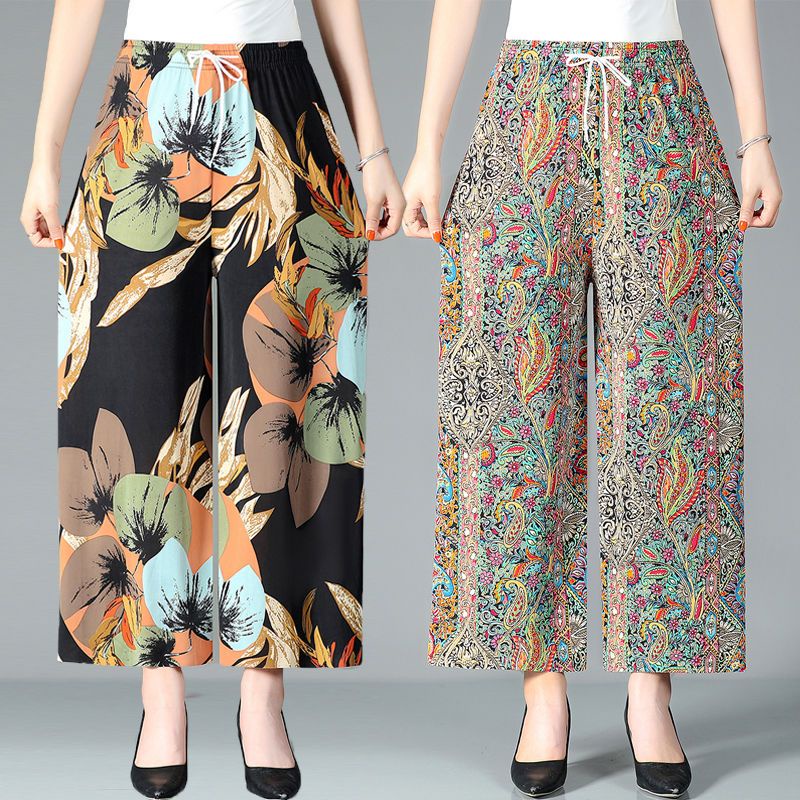 Quần Dài Lưng Cao Ống Rộng Vải Lụa Mát In Hoa Thời Trang Mùa Hè Cho Nữ