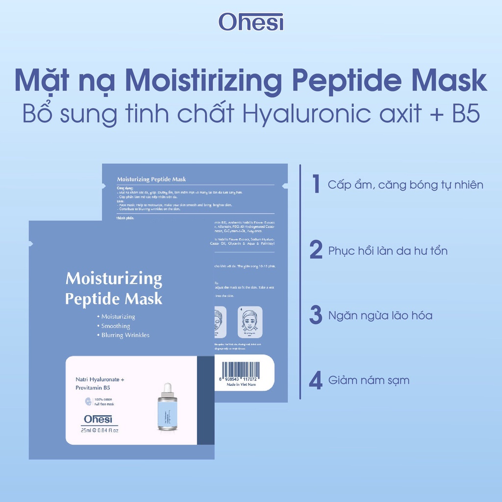 Mặt nạ tinh chất Hyaluronic Acid + B5 Ohesi Moisturizing Peptide Mask Màu xanh miếng 25ml
