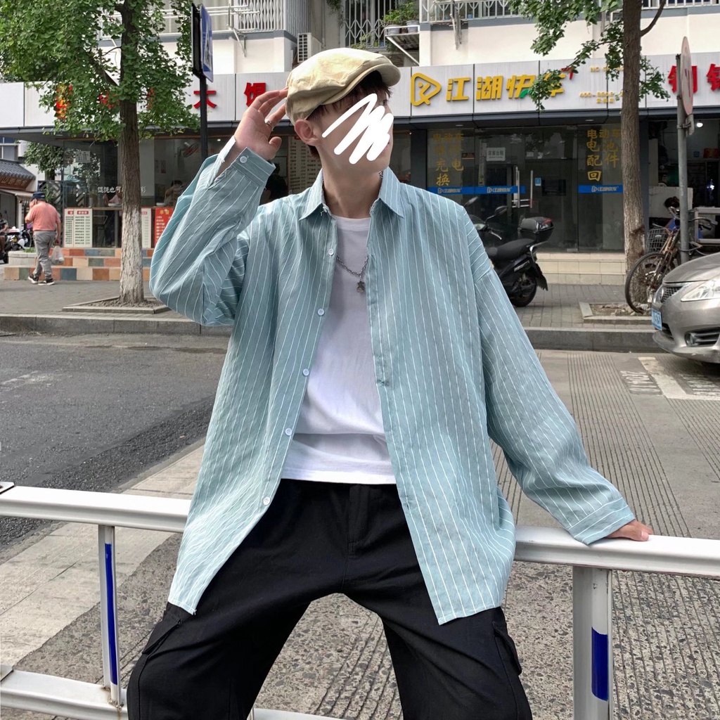 Áo Sơ Mi Nam Dài Tay Dáng Rộng Họa Tiết Kẻ Sọc Phong Cách Hong Kong Nhật Bản Thời Trang Mùa Hè
