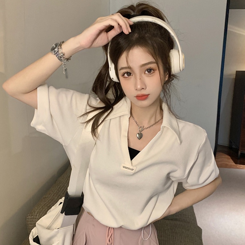 Áo Thun Polo Tay Ngắn Chất Liệu Cotton Phong Cách Hàn Quốc Thời Trang Cho Nữ
