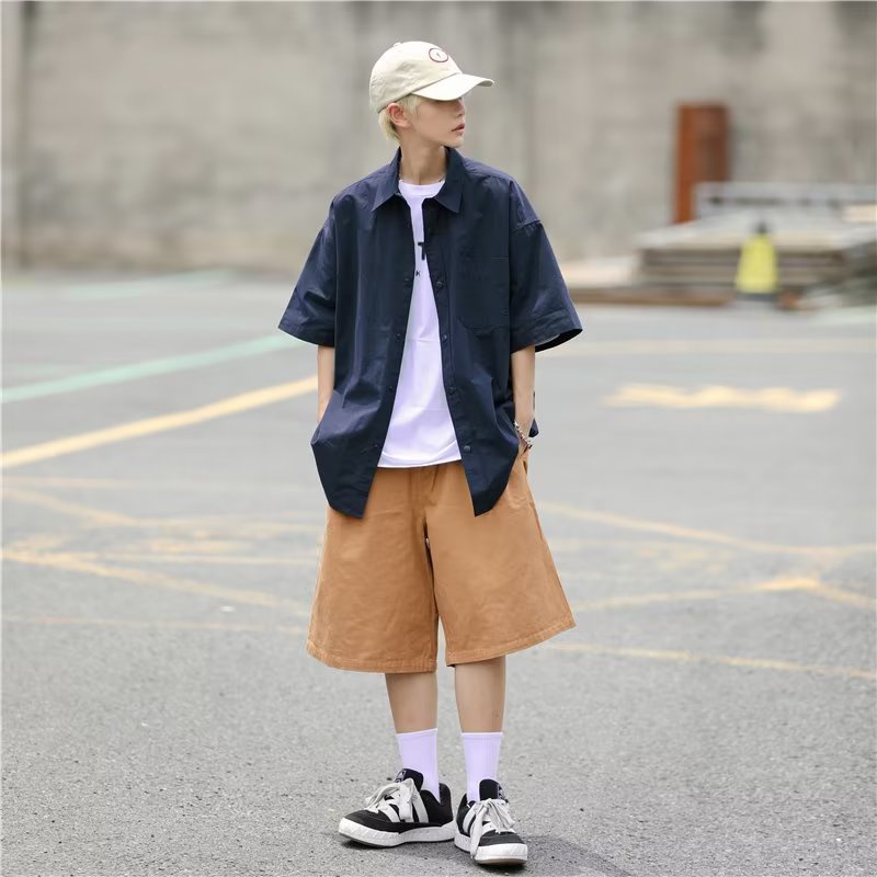 Áo Sơ Mi Ngắn Tay Dáng Rộng Màu Trơn Thời Trang Mùa Hè Hàn Quốc Giản Dị Dành Cho Nam